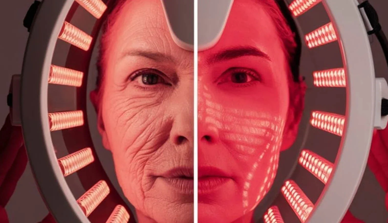 Before and after red light therapy for anti-aging skin treatment with LED device